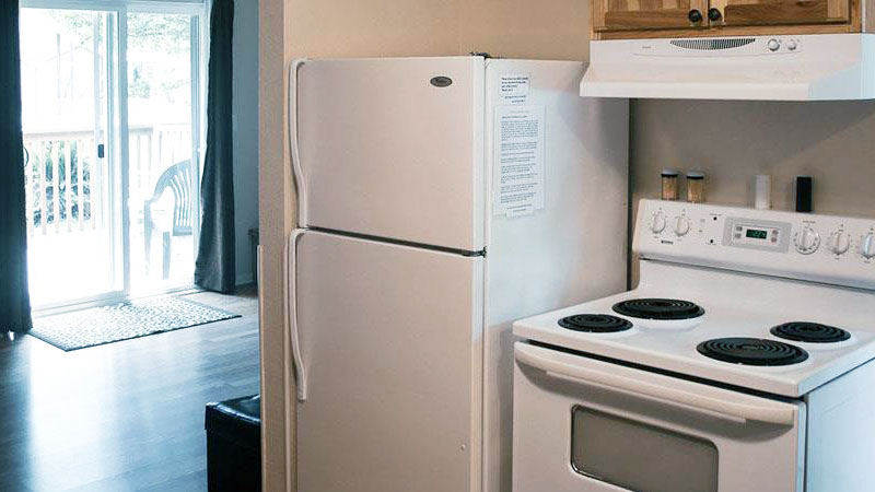 Whale Cabin fridge and stove